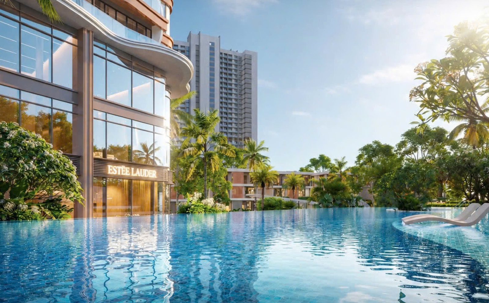 Hồ bơi vô cực dưới chân tháp Alora, vận hành dự kiến bởi Ascott (lyf), phố thương mại Estée Lauder