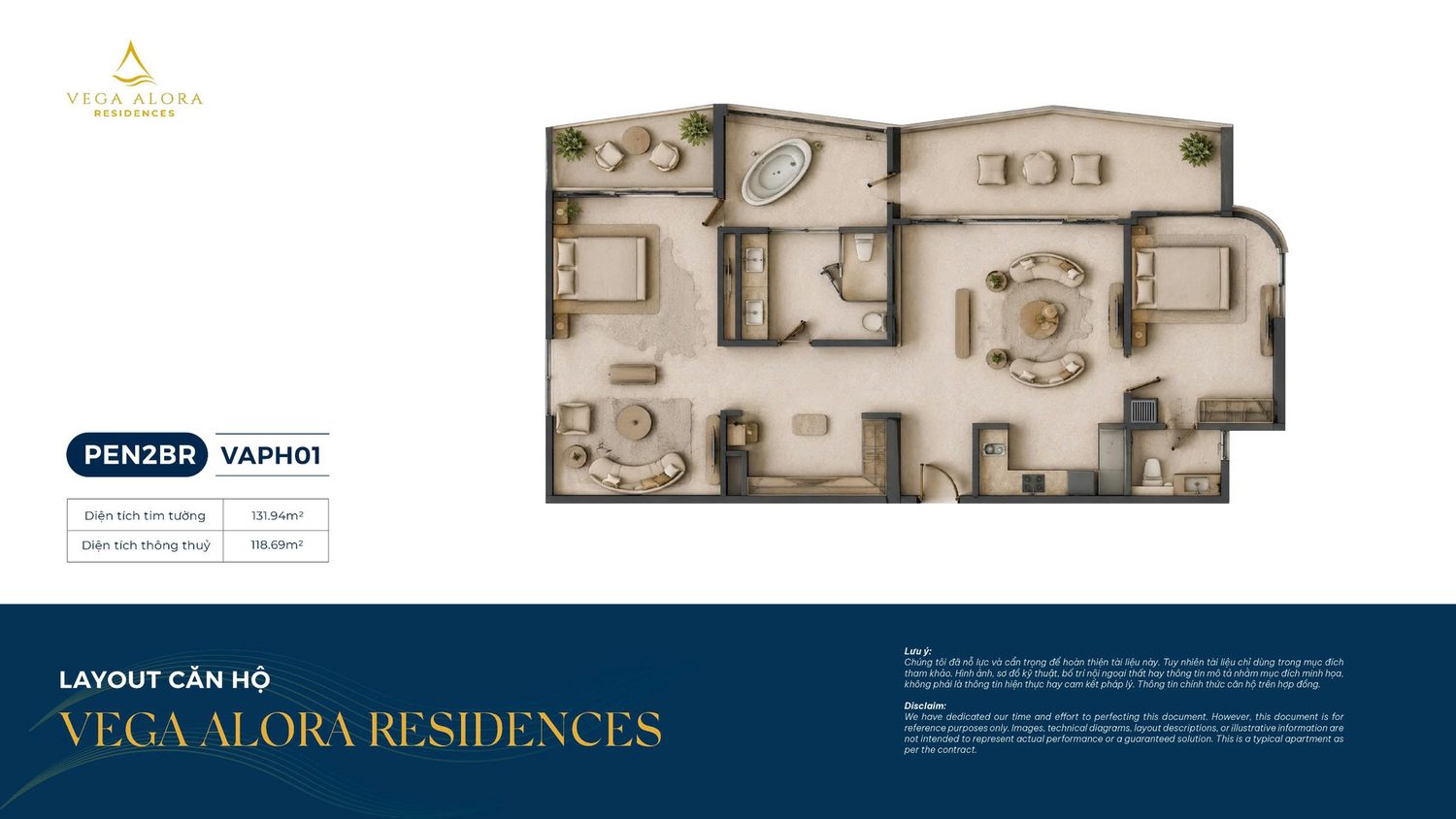 Mặt bằng Penthouse 2 phòng ngủ Alora