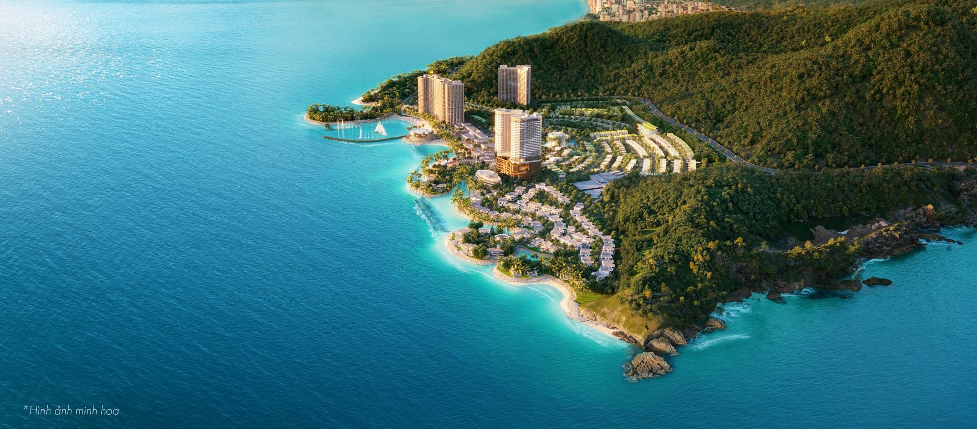 Phối cảnh tổng thể mũi biển Libera Nha Trang — hai tòa tháp Alora tựa núi hướng vịnh, giữa hệ sinh thái nghỉ dưỡng